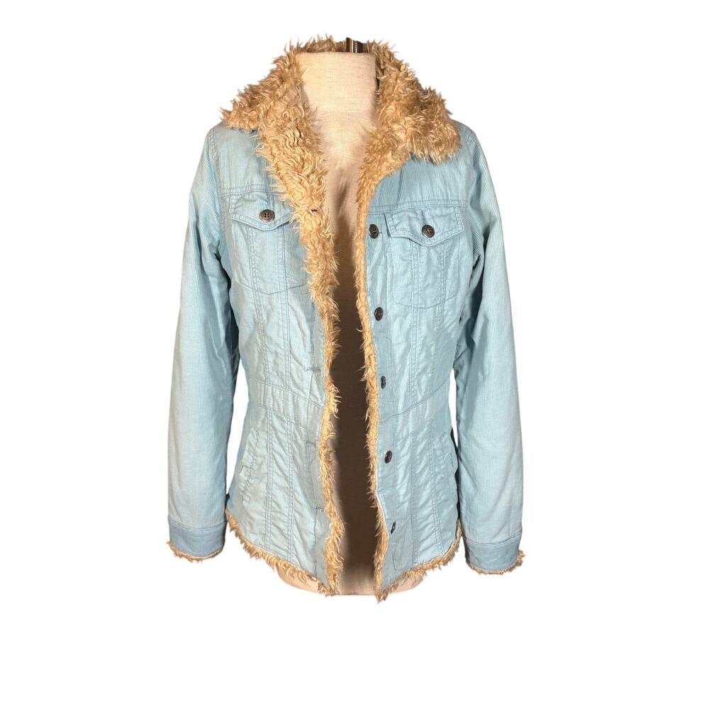 Vintage Y2K‎ Roxy Light Blue Corduroy Jacket Curly Sherpa Collar S Fur Retro